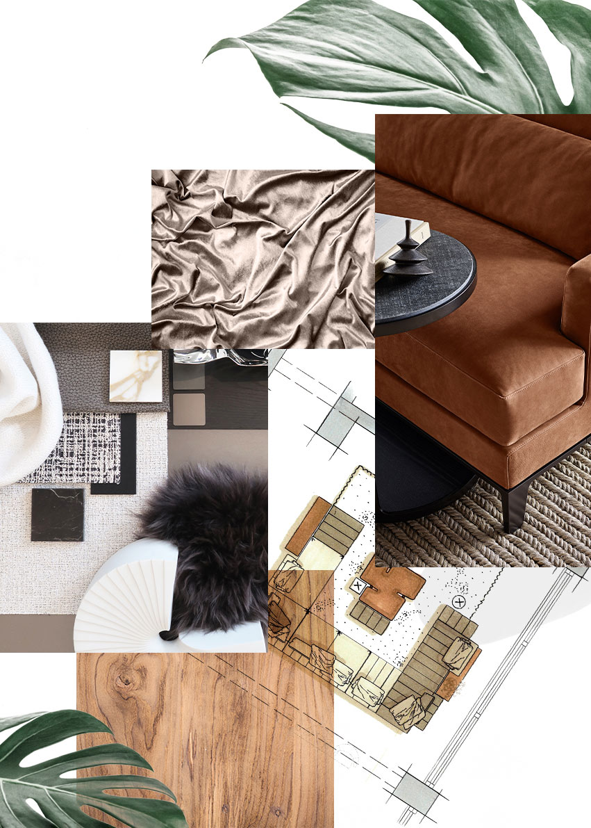 Collage aus unterschiedlichen Materalien, Möbeln und einer Skizze